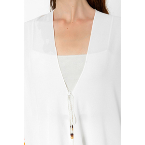 Paréo de plage bohème de luxe à franges, kaftan transparent à col en V avec détails à pompons, bords roulés à la main de qualité supérieure, tenue de plage estivale - Product Image 5