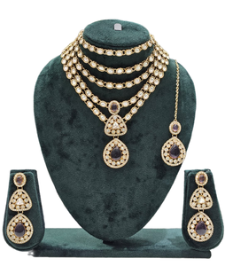 La mayoría de la joyería de moda para mujer, función de boda, piedra Kundan tachonada con conjunto de joyas largas chapadas en oro antiguo, pendiente y Mangtika - Product Image 1