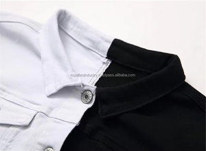 2025เสื้อโค้ทผ้าเดนิมแนวสตรีทของผู้ชายเสื้อแจ็กเก็ตยีนส์ผ้าปะต่อแบบทูโทนสีดำทรงสลิมฟิตสำหรับขี่มอเตอร์ไซค์ใหม่ล่าสุด - Product Image 2