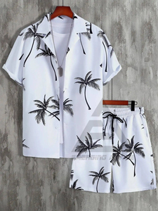 OEM ODM Ensemble de costume deux pièces pour hommes Chemise et short à imprimé hawaïen Plage d'été en coton respirant à fleurs - Product Image 5