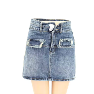 Falda corta vaquera para mujer, azul, recto, lavado, vaquero, borde de bigote, estilo Y2K para verano, Otoño, Primavera, Logo, cintura, patrón sólido - Product Image 6