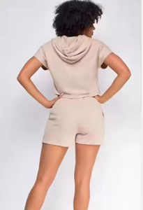 Conjunto de 2 piezas informal personalizado de verano 2026, sudaderas con capucha para mujer, conjunto corto de dos piezas de poliéster y algodón gris de alta calidad, ropa para mujer - Product Image 6