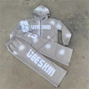 Vêtement de survêtement deux pièces en coton 100% pour l'hiver, imprimé avec des strass, délavé à l'acide, couleur vintage personnalisée en gros - Product Image 6