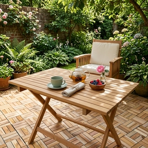 Outdoor Solid Teak Wood <b>Folding</b> <b>Dining</b> <b>Table</b> Rectangular Slatted Top Cross X Leg Patio Garden Setup Art Design Decor <b>Table</b> - Product Image 4