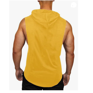 Débardeur de sport à capuche sans manches en polyester et coton avec logo à motif solide sur le devant Débardeur musclé à capuche pour hommes - Product Image 4