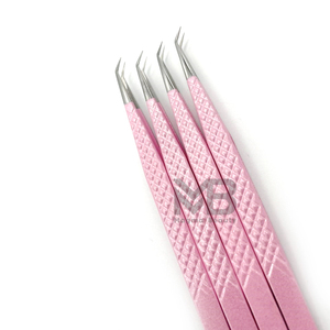 Pinzas de extensión de pestañas, puntas plateadas de agarre de diamante de aislamiento largo de 45 grados, acero inoxidable japonés, recubierto de Color rosa claro - Product Image 3