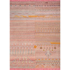 พรมลายเรขาคณิต Freedom Manchaha ทำจากขนสัตว์และไหมไผ่ ทอมือแบบ Flat Weave สำหรับห้องนั่งเล่น สีแดงและสีส้ม-Les-8190 - Product Image 1