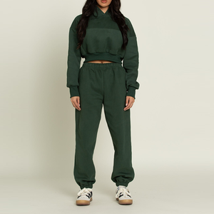 ชุดวอร์มออกกำลังกายสำหรับผู้หญิง เสื้อครอปมีฮู้ดและกางเกงขายาว ชุดออกกำลังกายและชุดวอร์มสำหรับผู้หญิง - Product Image 3