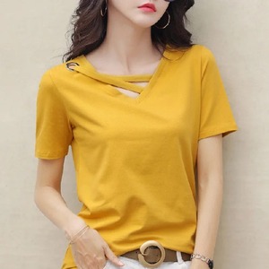 2025 Camiseta con cuello en V para mujer cómoda transpirable verano media manga Casual Base camisa Color puro ajuste holgado - Product Image 5