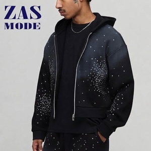 Sweat à capuche homme personnalisé en coton 100% anti-plis, coupe oversize, épais, délavé à l'acide, style vintage streetwear, orné de strass étincelants - Product Image 1