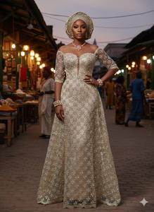 Robe en dentelle de luxe au glamour nigérian intemporel avec un motif floral en cristal argenté, noir, 100% polyester, pour les occasions spéciales - Product Image 4