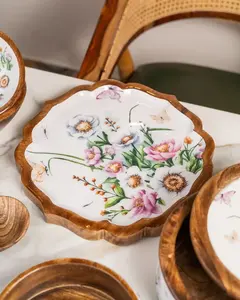Plateau en bois de manguier Oasis ou ensemble de plateau de service en bois de manguier ou plateau de service en bois de manguier Phool Bahar plateau floral décoratif - Product Image 4