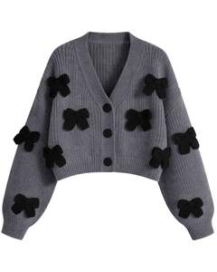 Customized Women Dark Grey Cropped Knit <b>Cardigan</b> Sweater <b>With</b> Black Bow Applique V Neck Button Front Cute Winter Fashion Top - Product Image 1