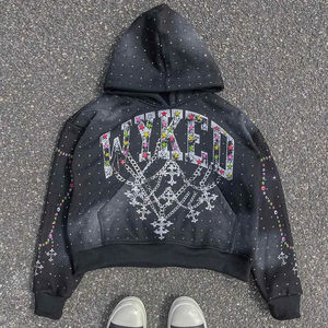 Sweat à capuche imprimé DTG avec strass de qualité supérieure, personnalisable, effet délavé, bord brut, en tissu French Terry, motif graphique, 2026 - Product Image 1