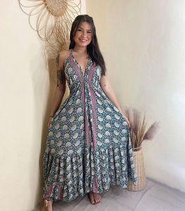 2024 nuevo verano estampado de flores sin mangas mujeres elegante Vintage 100% algodón sin espalda largo Maxi vestido para mujeres - Product Image 1