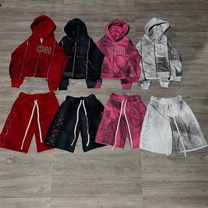 Conjunto Deportivo Personalizado de Alta Calidad para Hombre, Pantalones Deportivos Acampanados y Sudadera con Capucha, Conjunto de Algodón con Cremallera y Pedrería - Product Image 2