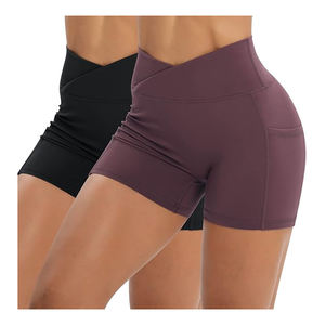 Yoga elástico con bolsillos laterales Pantalones cortos de Yoga para Mujeres Cintura cruzada Gimnasio activo 100% Poliéster con alta y calidad premium - Product Image 5