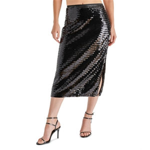 Gonna Midi in Raso Nero Steve Madden Dinah, Taglia XS, Stile Avvolgente con Paillettes Lucide, Vita Impero Chic per la Primavera - Product Image 1