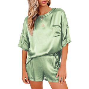 Vêtements de nuit personnalisés OEM pour femmes, ensemble de pyjama deux pièces en satin de soie, ensemble court pour la maison, vêtements de détente pour femmes, ensembles pour femmes - Product Image 5