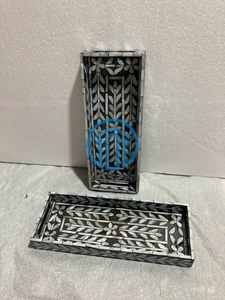 Plateau rectangulaire en nacre noire et blanche à motifs floraux, fait à la main, laqué, plateau de service de luxe, décoration d'intérieur en provenance du Vietnam - Product Image 2