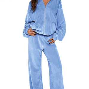 Conjunto de chándal de terciopelo para mujer al por mayor | Sudadera con cremallera y pantalones de pierna ANCHA | Ropa de descanso de terciopelo suave | OEM personalizado disponible - Product Image 1