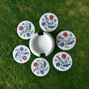 Posavasos de mármol blanco tallado con incrustaciones para bebidas frías y calientes, juego de posavasos con soporte para té y café, par para mesa. - Product Image 5