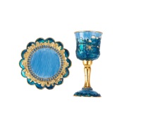 Ensemble de verres à vin en laiton soufflé à la bouche, faits main et uniques, avec plateau pour la tasse de Kiddush du Sabbat, design moderne, couleur personnalisable bleu doré