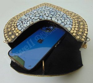 Lowellcraft.com Mosaic Stone & Metal <b>Frame</b> Cosmetic & Mobile Phone Holder Wedding Bag Party Handbag Stylish Ladies Box Clutch - Product Image 3