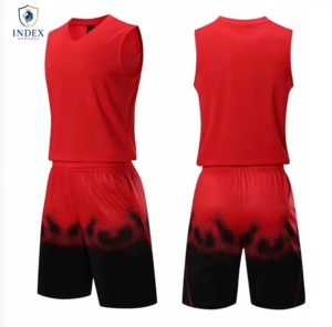 Index Apparel Men's <b>Red</b> Basketball Jersey Set Sublimated V-Neck Sleeveless Tank <b>Top</b> With Gradient Shorts Moisture Wicking - Product Image 1