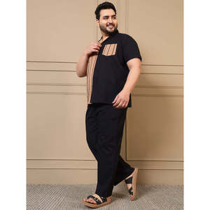 Ensemble coordonné en coton grande taille pour homme Amanush, chemise à col cranté à manches courtes avec pantalon, couleurs contrastées, tenue décontractée d'été - Product Image 3
