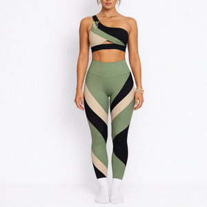 Ensemble de yoga asymétrique color block, sans couture, à bretelles spaghetti, col rond, respirant, extensible dans les quatre sens, taille élastique, tenue de sport - Product Image 5