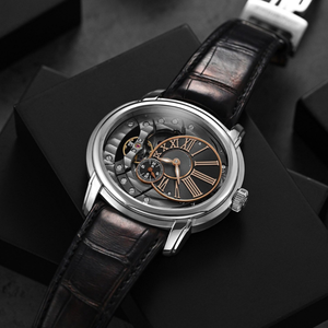 Vente en gros de montre mécanique automatique de luxe montre-bracelet habillée en acier inoxydable avec squelette et chiffres romains et bracelet en cuir marron pour homme - Product Image 2