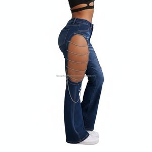 Jeans Acampanados con Aberturas Sexys para Mujer – Pantalones Vaqueros de Cintura Alta y Pierna Ancha con Detalle de Cadena Lateral – Estilo Y2K Streetwear - Product Image 3