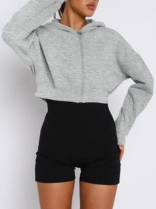 Sudadera Corta con Capucha para Mujer, Color Gris Sólido, Manga Larga, Tejido de Mezcla de Algodón, Diseño con Cierre para Otoño - Product Image 2
