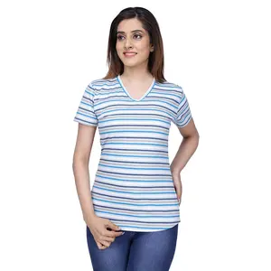 방글라데시 공급 업체 대형 여성의 맞춤 티셔츠 100% 면 베스트 셀러 여성 의류 V 넥 스트라이프 티셔츠 저렴한