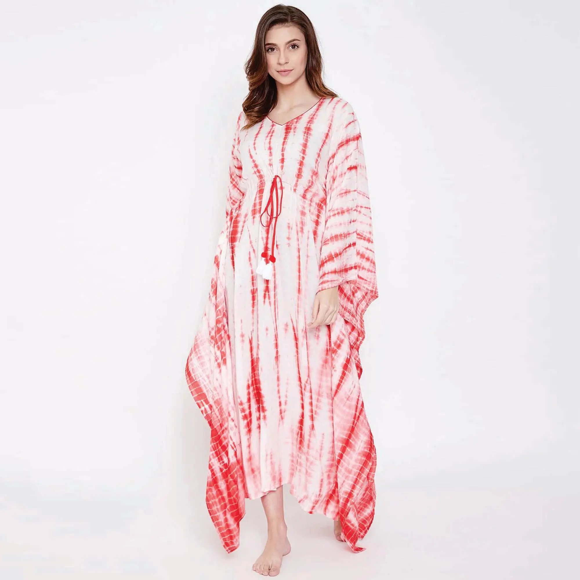 Custom Manufactuer Slim Fit 100% Modal Rundhals ausschnitt Kurze verlängerte Ärmel Candy Red Shibori Tie-Dye Kaftan