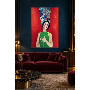 Fida, femme avec un coiffe de paon sur fond rouge, impression sur toile - Product Image 4