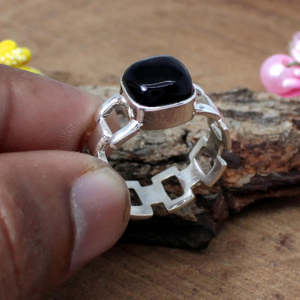 BlackOnyx 92.5 Sterling Silver Fine <b>Ring</b> Handmade Geometric Pattern with Elegant Rhodium Plating and Inlay Technology - Product Image 1