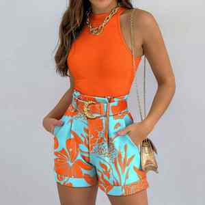 เสื้อกั๊กลายดอกไม้แขนกุดสำหรับผู้หญิงชุดเสื้อผ้าแนวสตรีท2ชิ้นสำหรับฤดูใบไม้ผลิ/ฤดูร้อน - Product Image 2