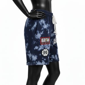 Shorts en molleton de coton premium 300 GSM, effet délavé, bleu marine, patch chenille tie-dye, impression sérigraphique, logo personnalisé, coupe ajustée pour femme - Product Image 3