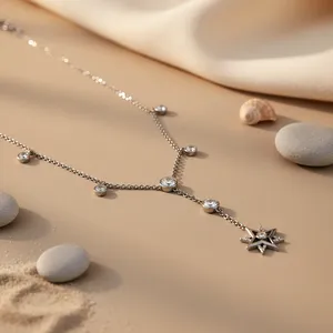 Collier pendentif étoile argentée avec diamant CZ plaqué rhodium et or, chaîne à maillons tendance, bijoux en laiton et perles, cadeau - Product Image 3