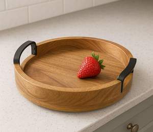 Rustic Round <b>Wooden</b> <b>Serving</b> <b>Tray</b> with Iron Handle Decorative Catering Portable Platter Eco Friendly Durable for Long lasting - Product Image 1