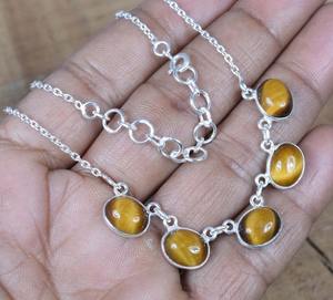 <b>Handmade</b> 5 Stone Tiger Eyes 925 Sterling <b>Silver</b> Link Chain <b>Necklace</b>-Wedding Engagement Party Birthday Gift Jewelry Women's - Product Image 4