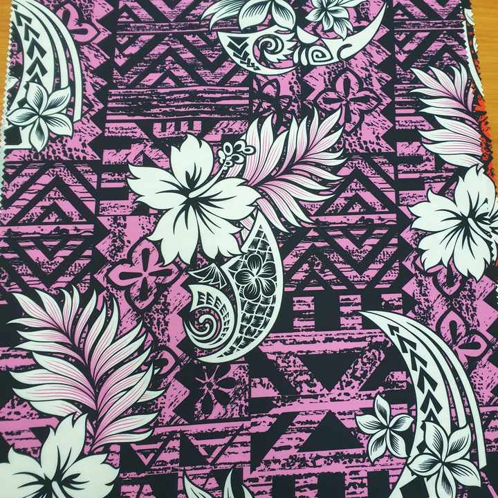Brand New Release Polyester One Twenty Grams Peach Silky Polyester Fabric in a Stunning Polynesian Tribal Print