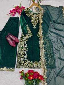 Hermosa Fiesta Desgaste Terciopelo Top-Pent Con Dupatta Con Bordado Trabajo - Product Image 3