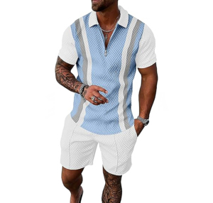 Survêtements d'été 2 pièces pour hommes, ensembles de shorts à manches courtes, tenues de survêtement 1/4 Zip Golf Polo Splicing Chemises à rayures - Product Image 2