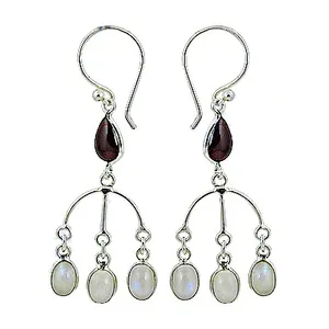 925 Silver Moonstone & <b>Garnet</b> Chandelier Dangle <b>Earrings</b> for Women Vintage Style Gold Plated with Freshwater Pearl - Product Image 3