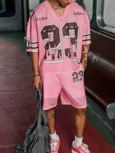 Ensemble maillot et short de football américain en maille rose deux pièces pour hommes imprimé flamme personnalisé surdimensionné Streetwear tenue d'été Hip Hop - Product Image 4