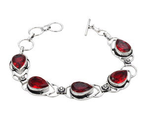 Unisex Vintage Fashionable Brass <b>Silver</b> Plated Geometric <b>Chain</b> Link <b>Bracelet</b> Red Garnet Gemstone Assorted Natural Crystal Bangle - Product Image 2