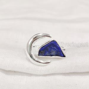 Joyería de piedra en bruto Anillo de mujer Lapislázuli natural Piedra preciosa Piedra DE NACIMIENTO Luna creciente Anillo ajustable Anillo de plata esterlina 925 - Product Image 3